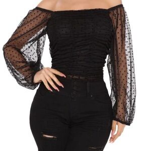 Ambiance Black Sheer Smocked Blouse Size Medium